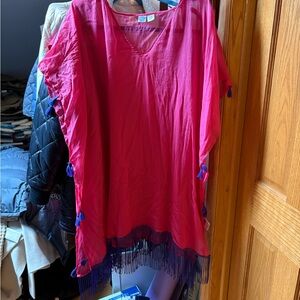 Pink and Blue Tassel Poncho beach coverup